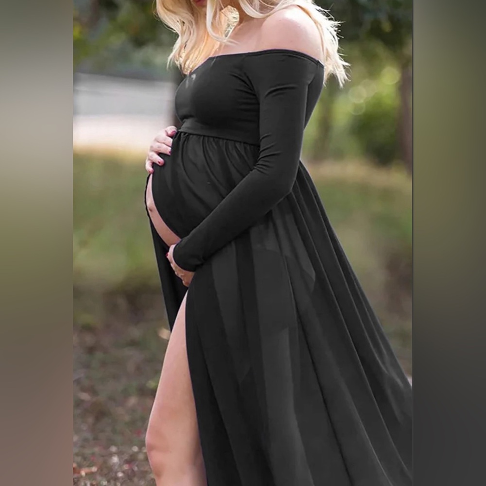 NWOT Off The Shoulder High Slit Maternity Photo Shoot Dress - Black - Size L